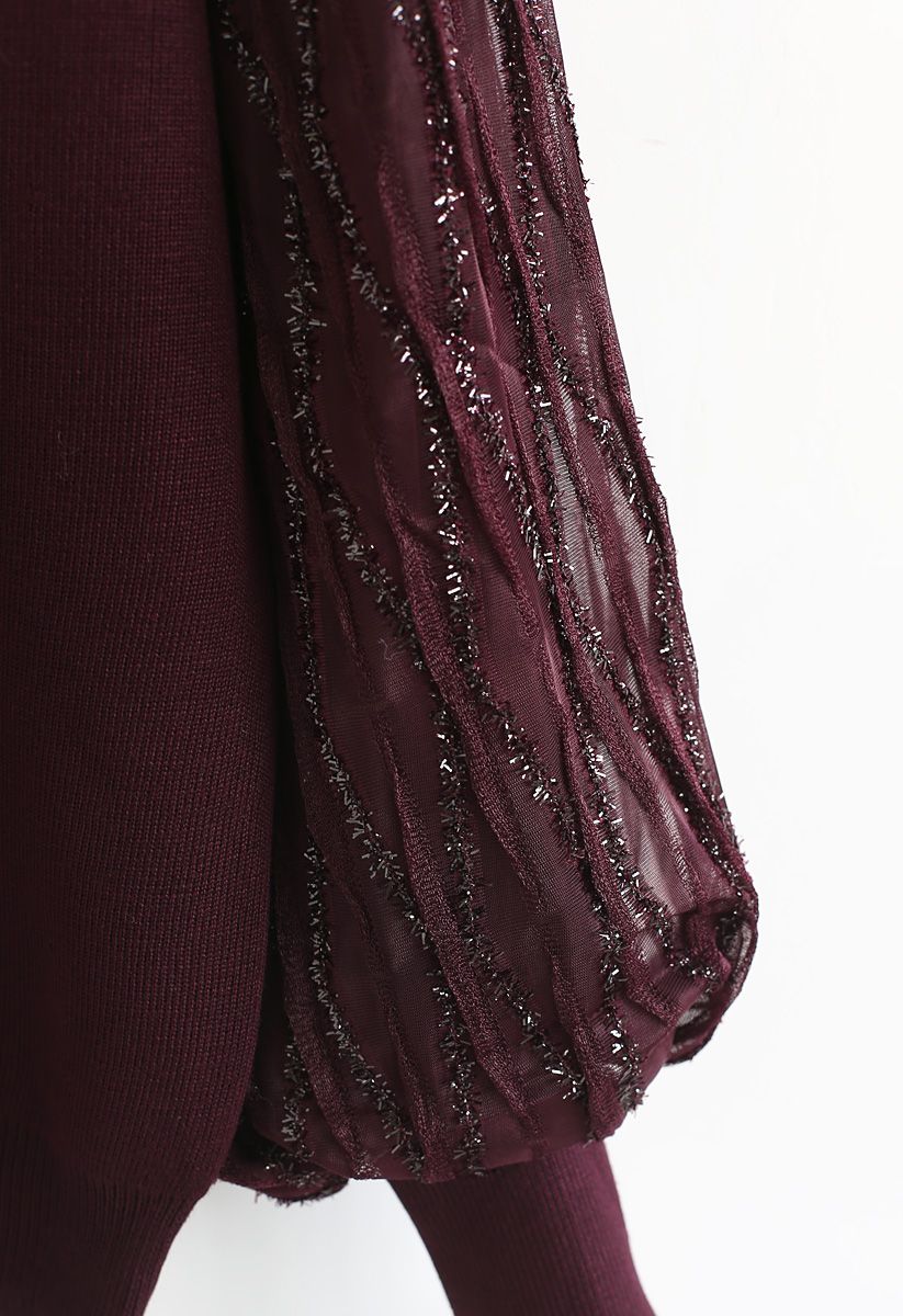 Shiny Lines Puff Sleeves Knit Top in Wine