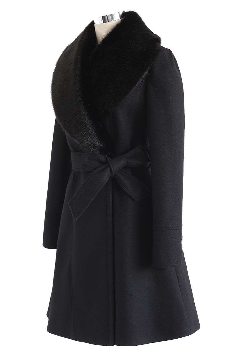 Faux Fur Collar Belted Flare Coat in Black