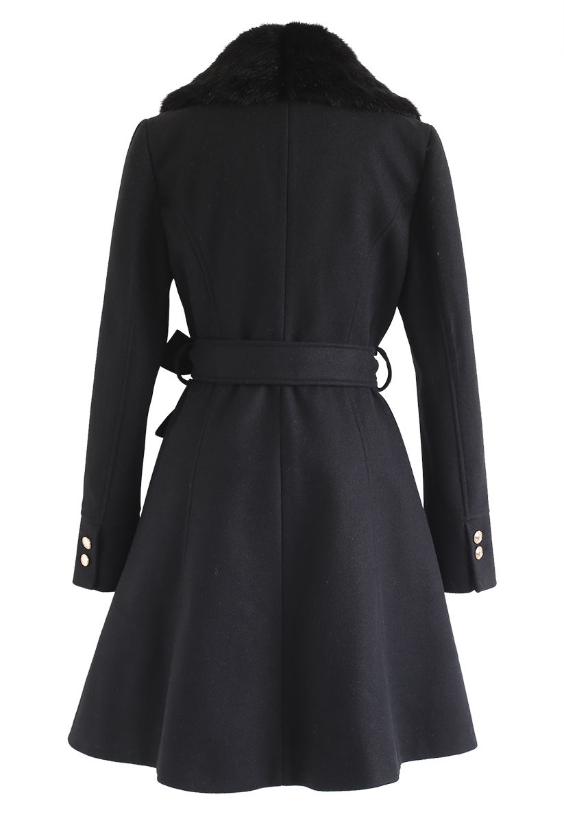 Faux Fur Collar Belted Flare Coat in Black