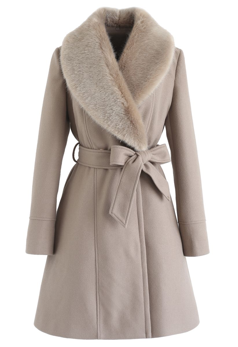 Faux Fur Collar Belted Flare Coat in Taupe