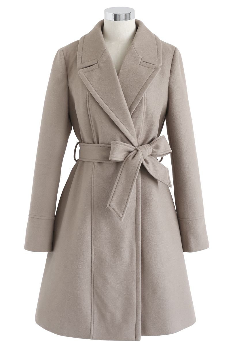 Faux Fur Collar Belted Flare Coat in Taupe