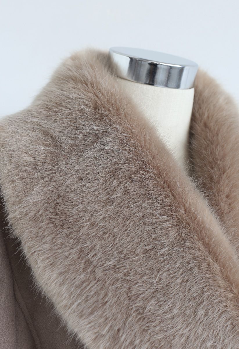 Faux Fur Collar Belted Flare Coat in Taupe