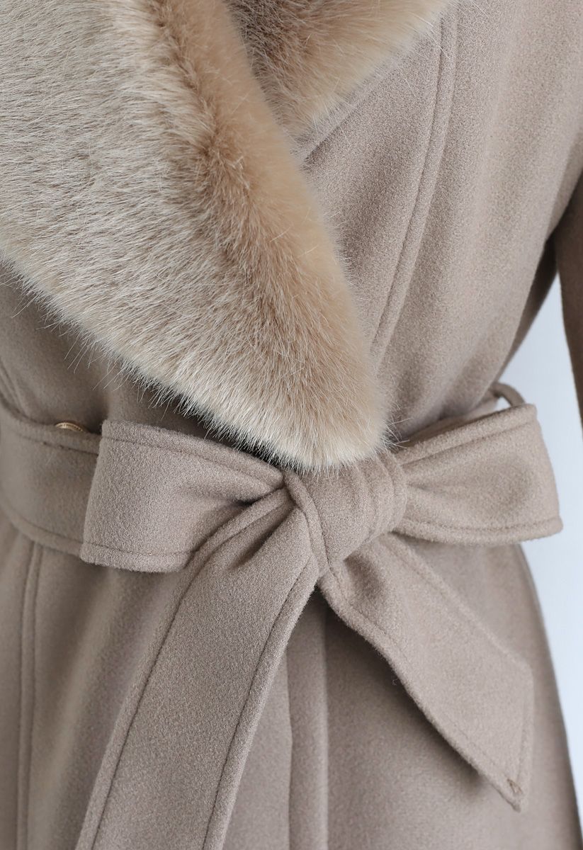 Faux Fur Collar Belted Flare Coat in Taupe