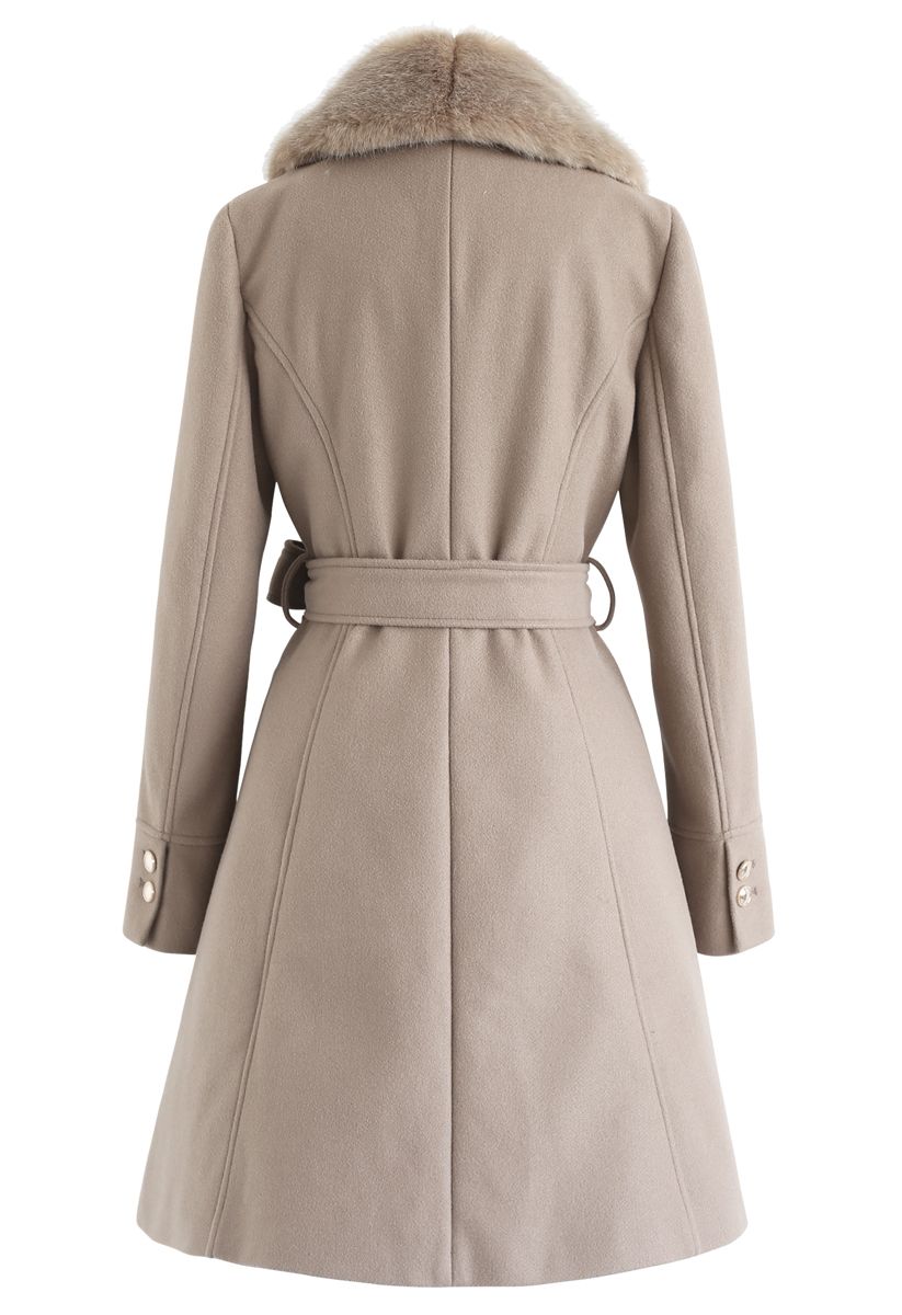 Faux Fur Collar Belted Flare Coat in Taupe