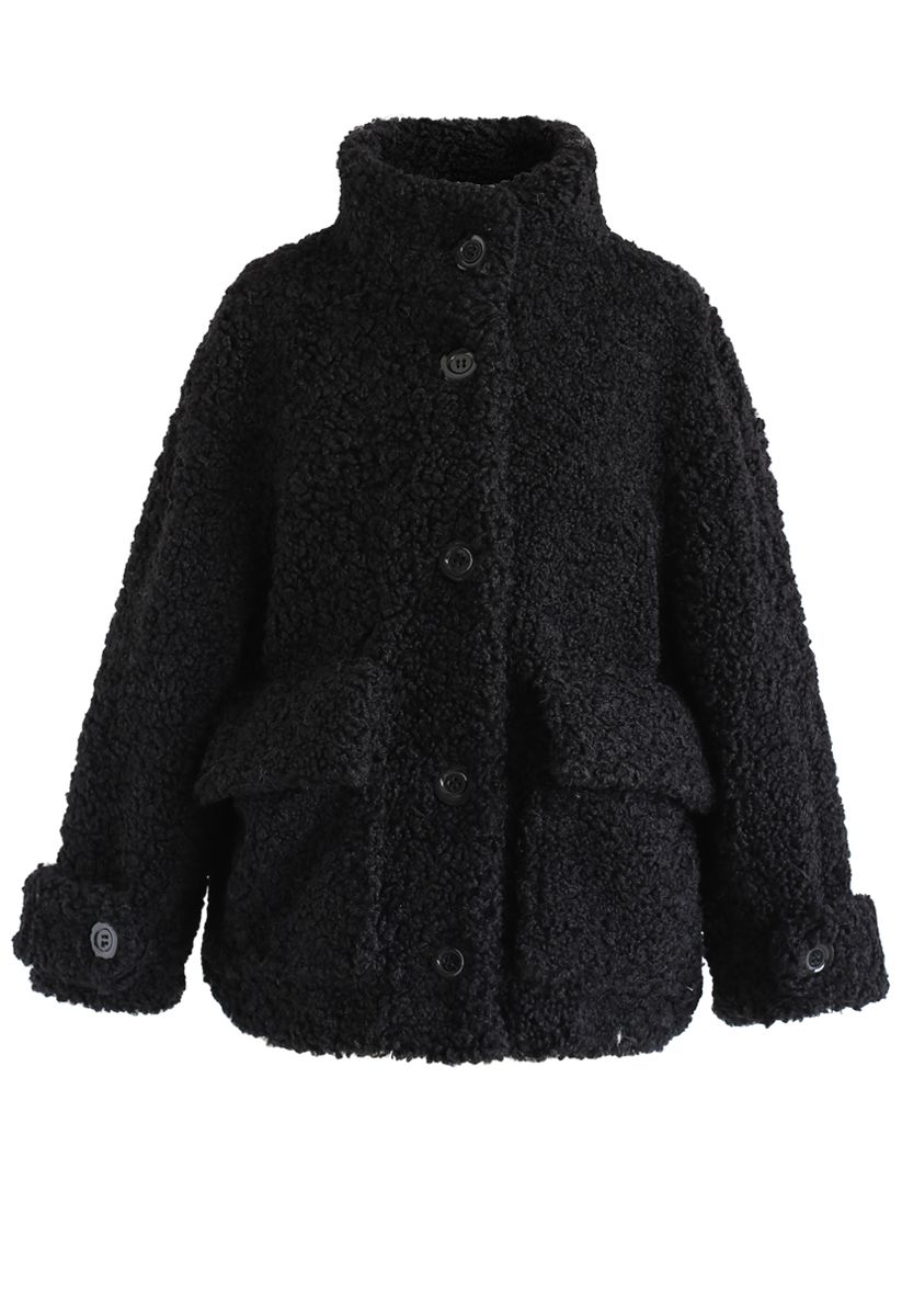 Buttoned Pocket Teddy Coat in Black