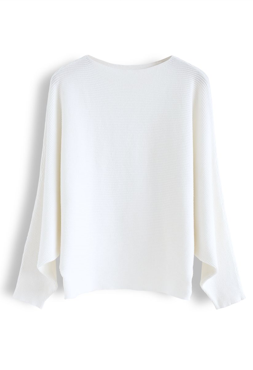 Boat Neck Batwing Sleeves Knit Top in White