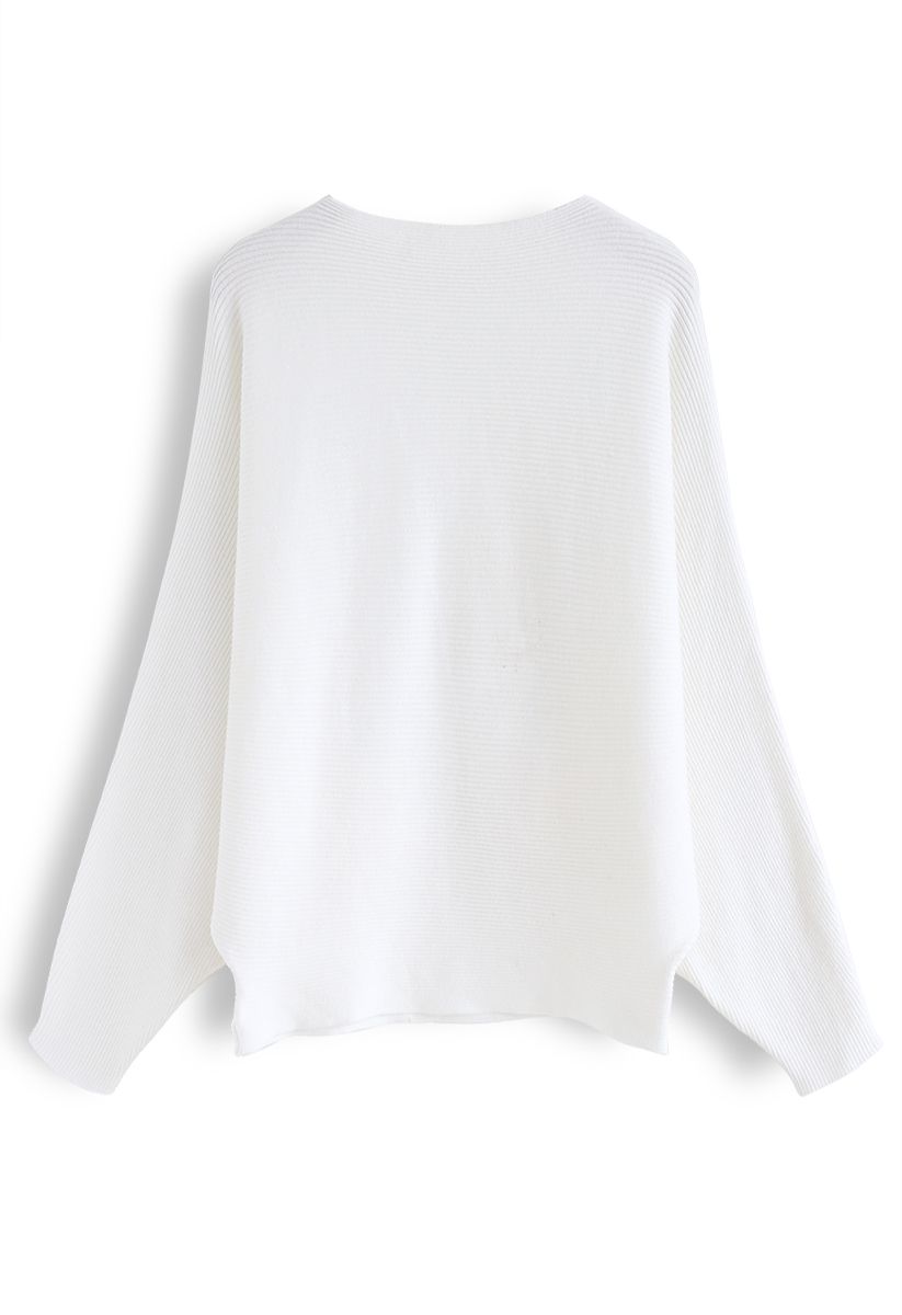 Boat Neck Batwing Sleeves Knit Top in White