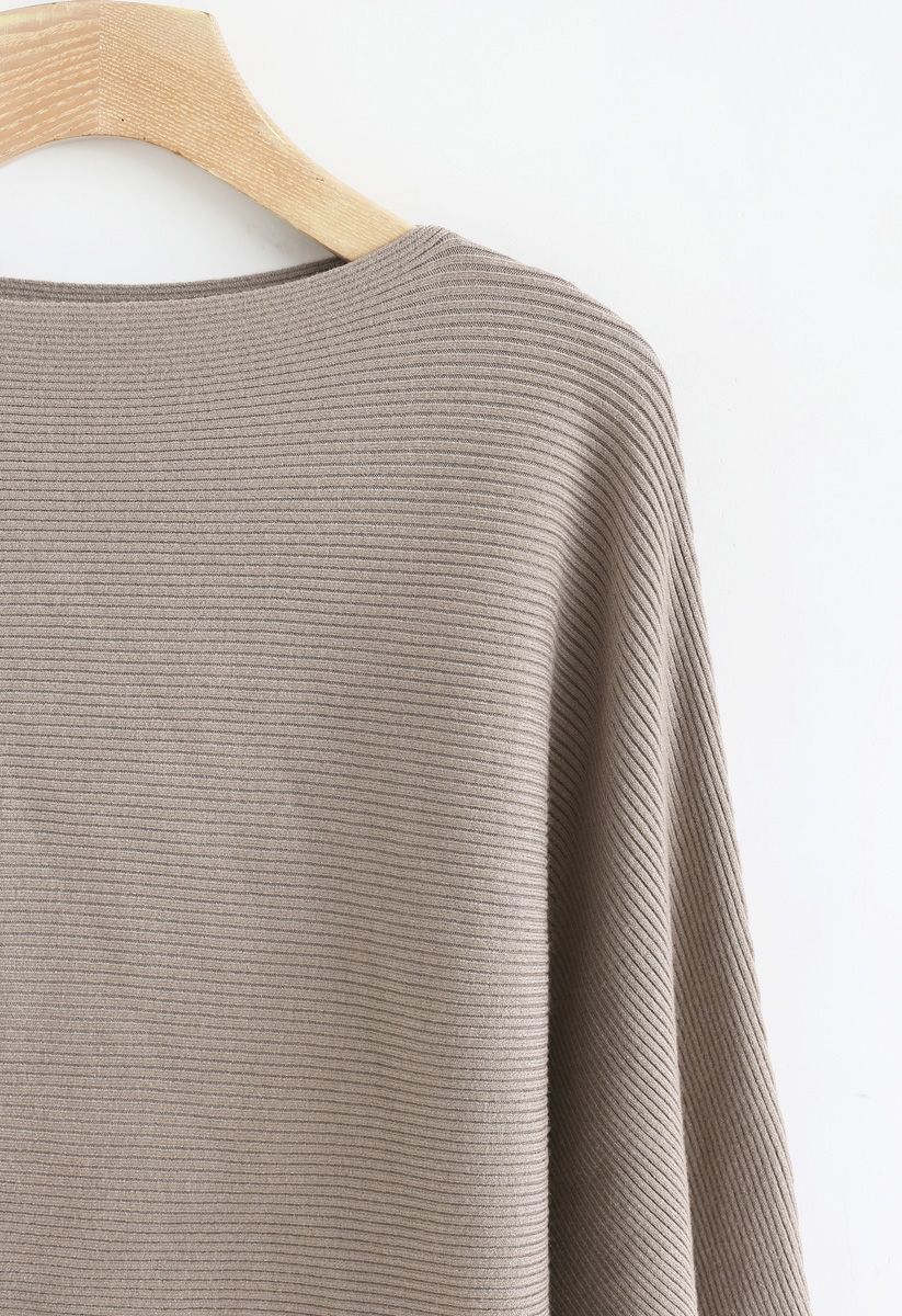 Boat Neck Batwing Sleeves Knit Top in Taupe