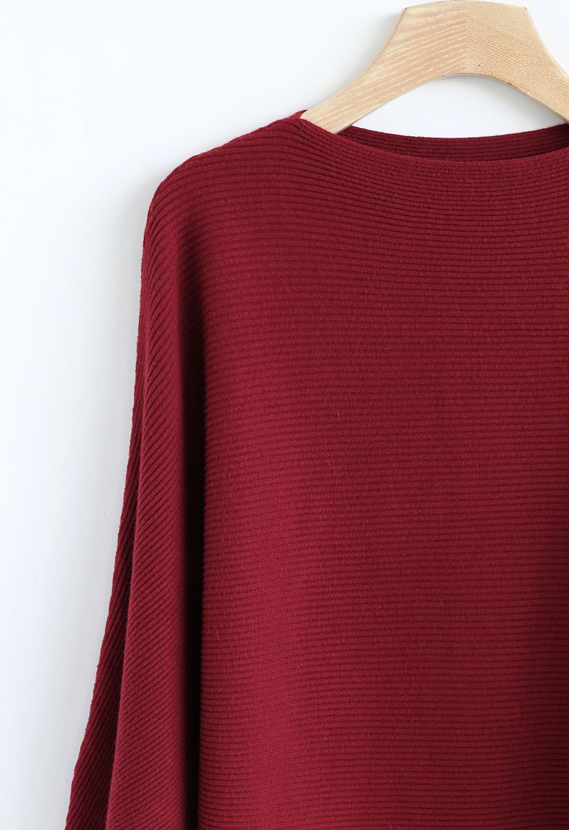 Boat Neck Batwing Sleeves Knit Top in Red