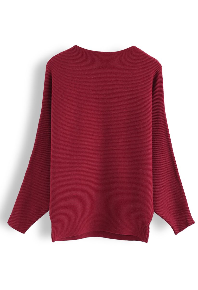 Boat Neck Batwing Sleeves Knit Top in Red