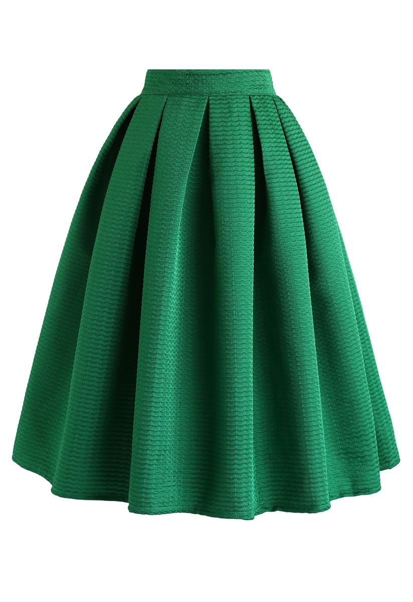 Wavy Texture Pleated Midi Skirt in Green