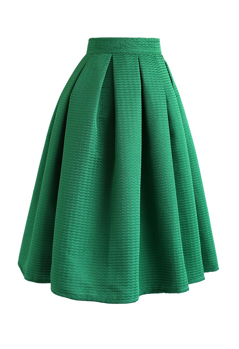 Wavy Texture Pleated Midi Skirt in Green