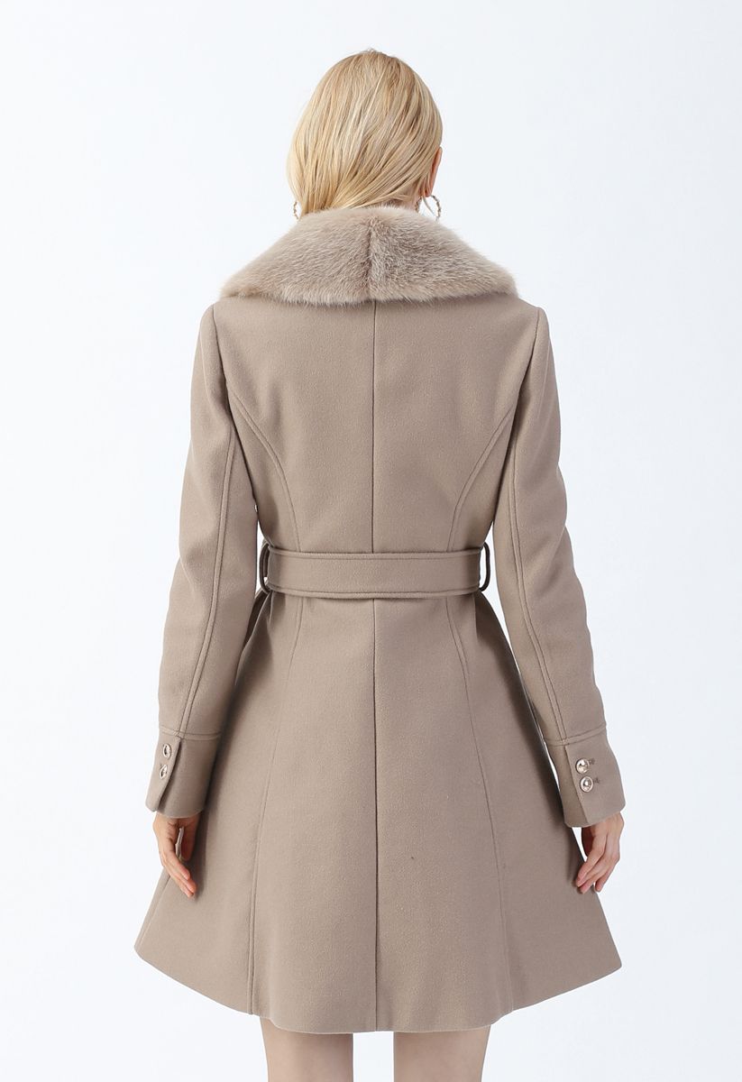 Faux Fur Collar Belted Flare Coat in Taupe