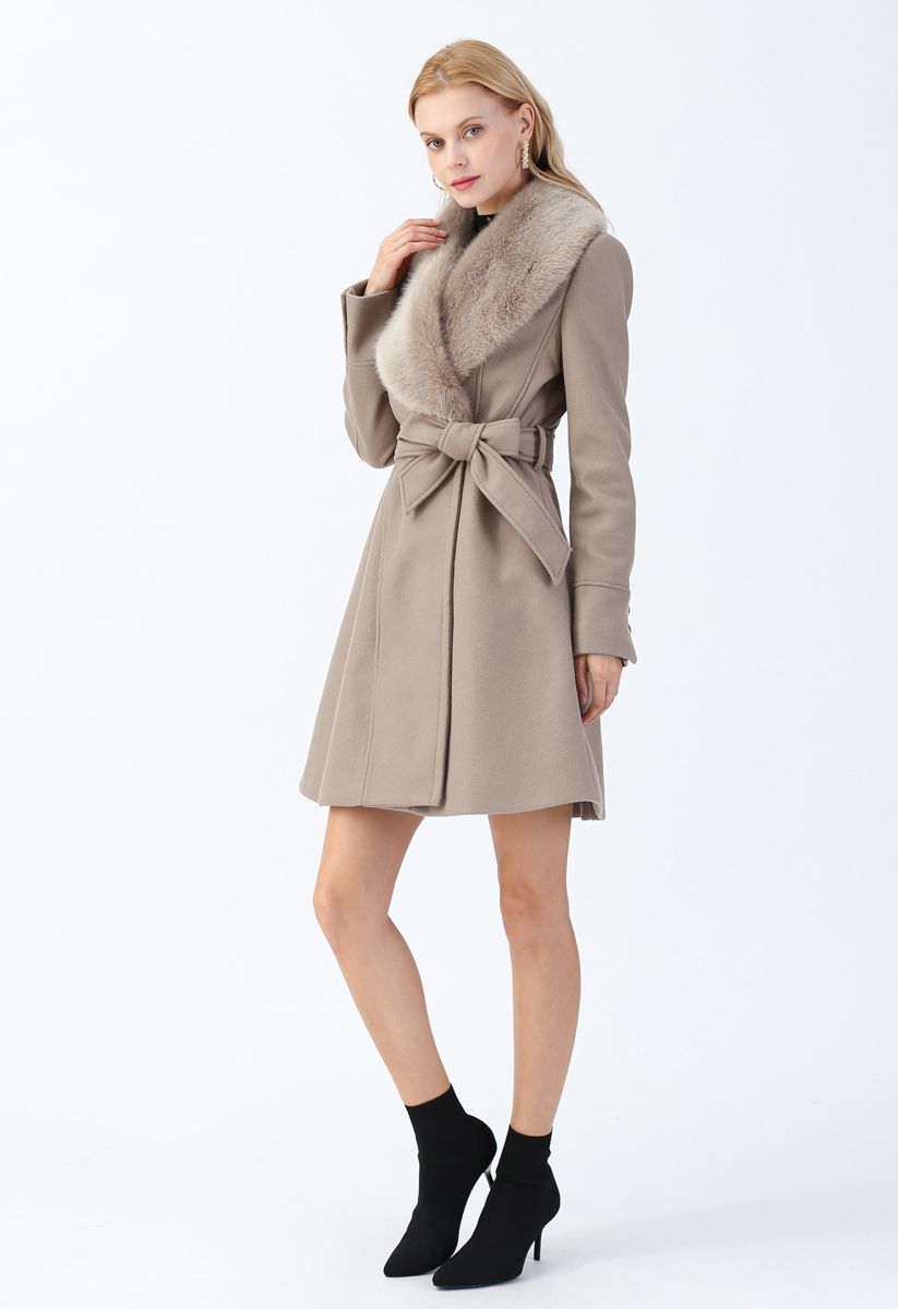 Faux Fur Collar Belted Flare Coat in Taupe