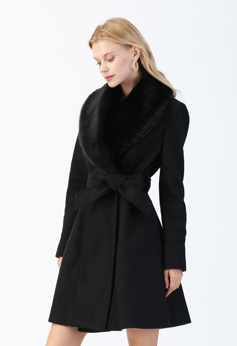 Faux Fur Collar Belted Flare Coat in Black