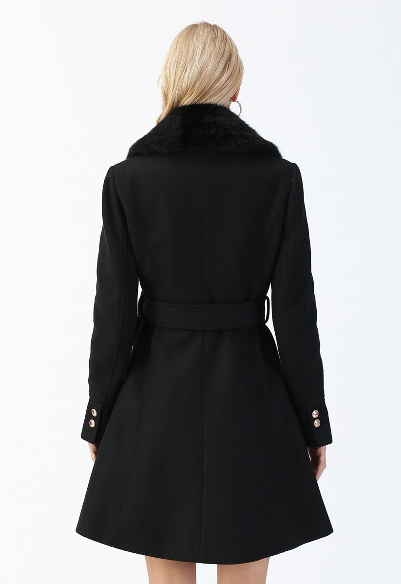 Faux Fur Collar Belted Flare Coat in Black