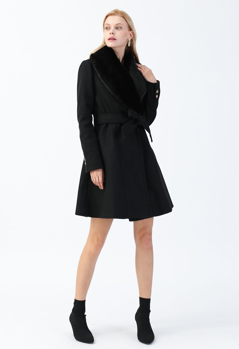 Faux Fur Collar Belted Flare Coat in Black