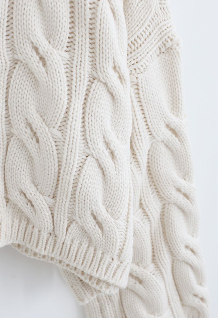 Turtleneck Braid Knit Crop Sweater in Sand