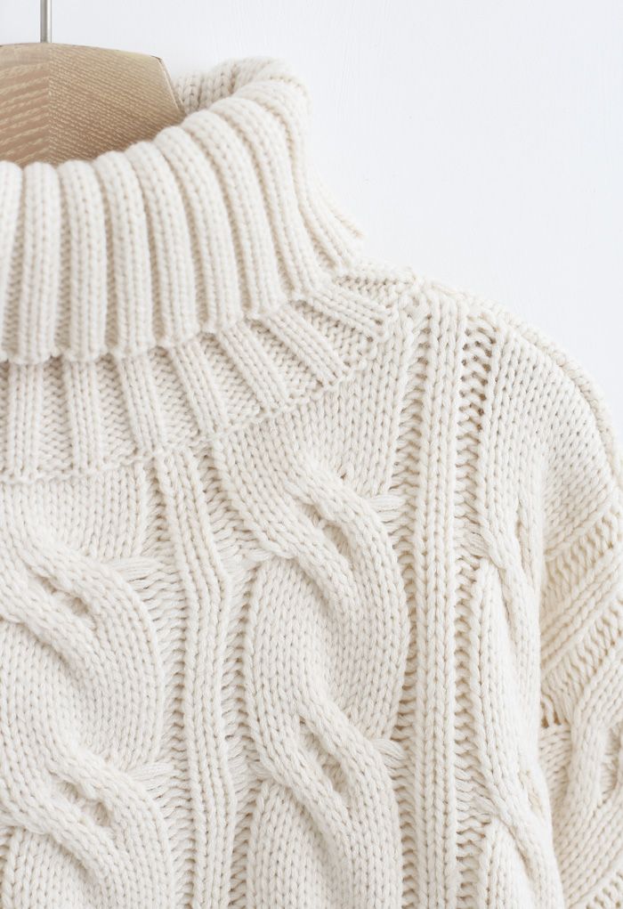 Turtleneck Braid Knit Crop Sweater in Sand