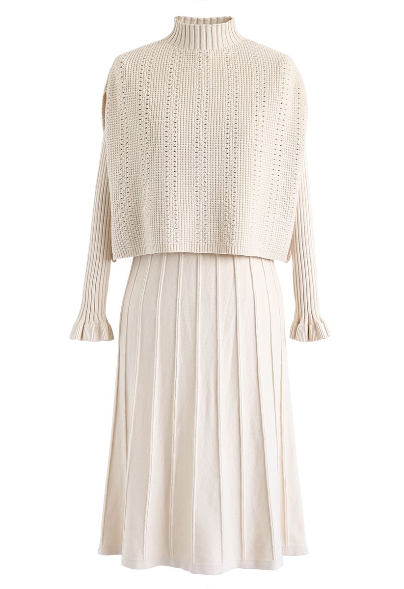 Mock Neck Pleated Knit Twinset Dress in Cream