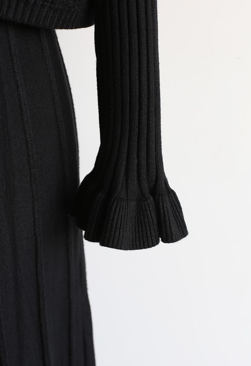 Mock Neck Pleated Knit Twinset Dress in Black