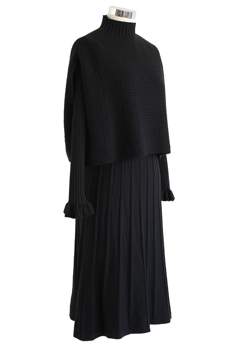 Mock Neck Pleated Knit Twinset Dress in Black