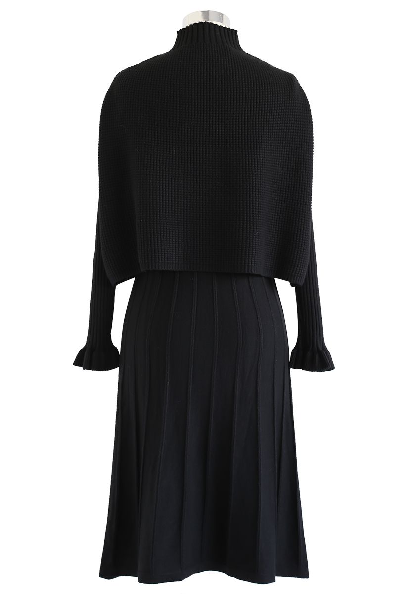 Mock Neck Pleated Knit Twinset Dress in Black