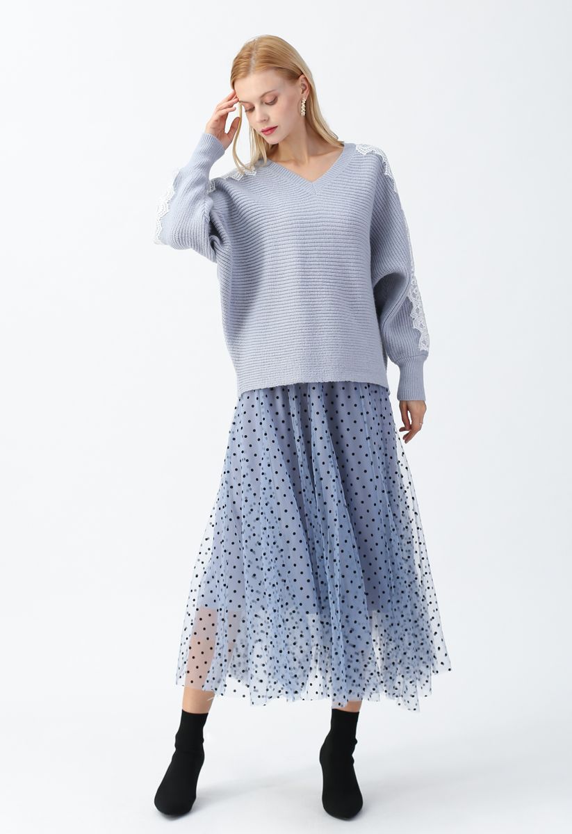 Full Polka Dots Double-Layered Mesh Tulle Skirt in Baby Blue