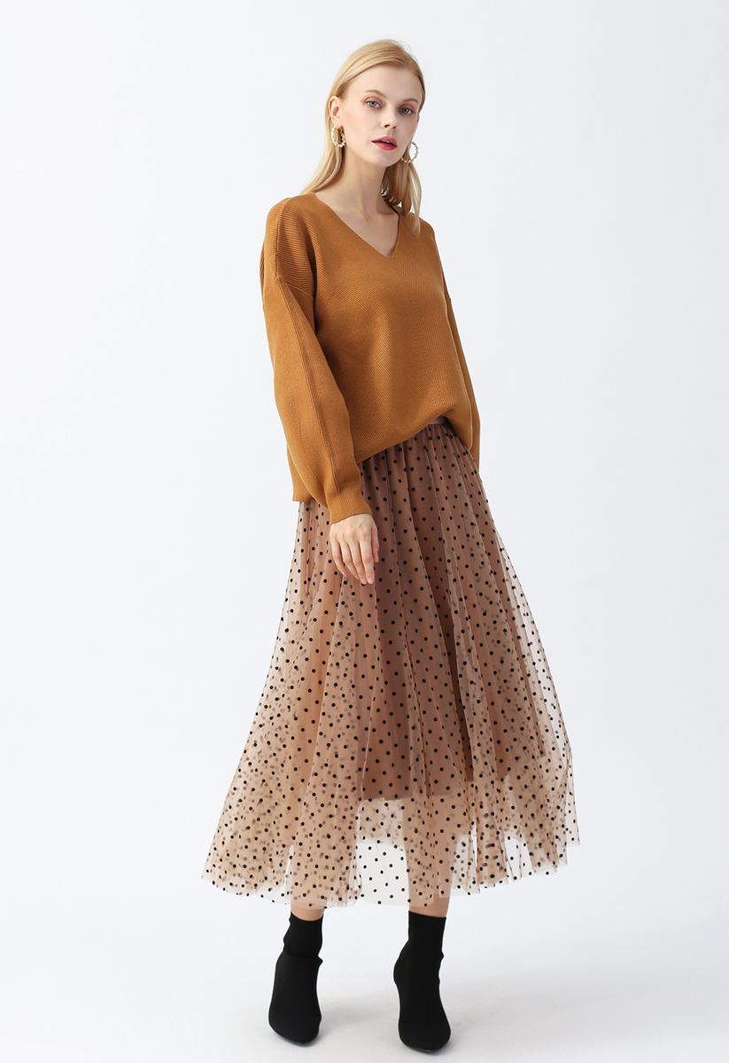 Full Polka Dots Double-Layered Mesh Tulle Skirt in Caramel