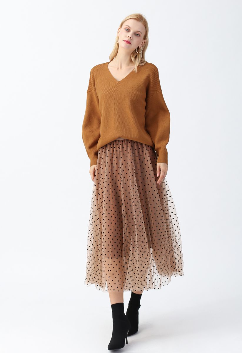 Full Polka Dots Double-Layered Mesh Tulle Skirt in Caramel