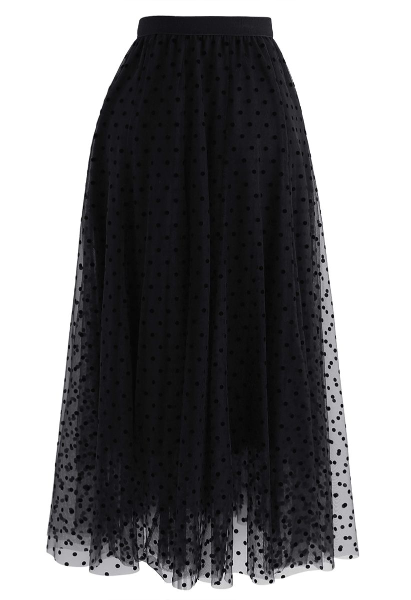 Full Polka Dots Double-Layered Mesh Tulle Skirt in Black