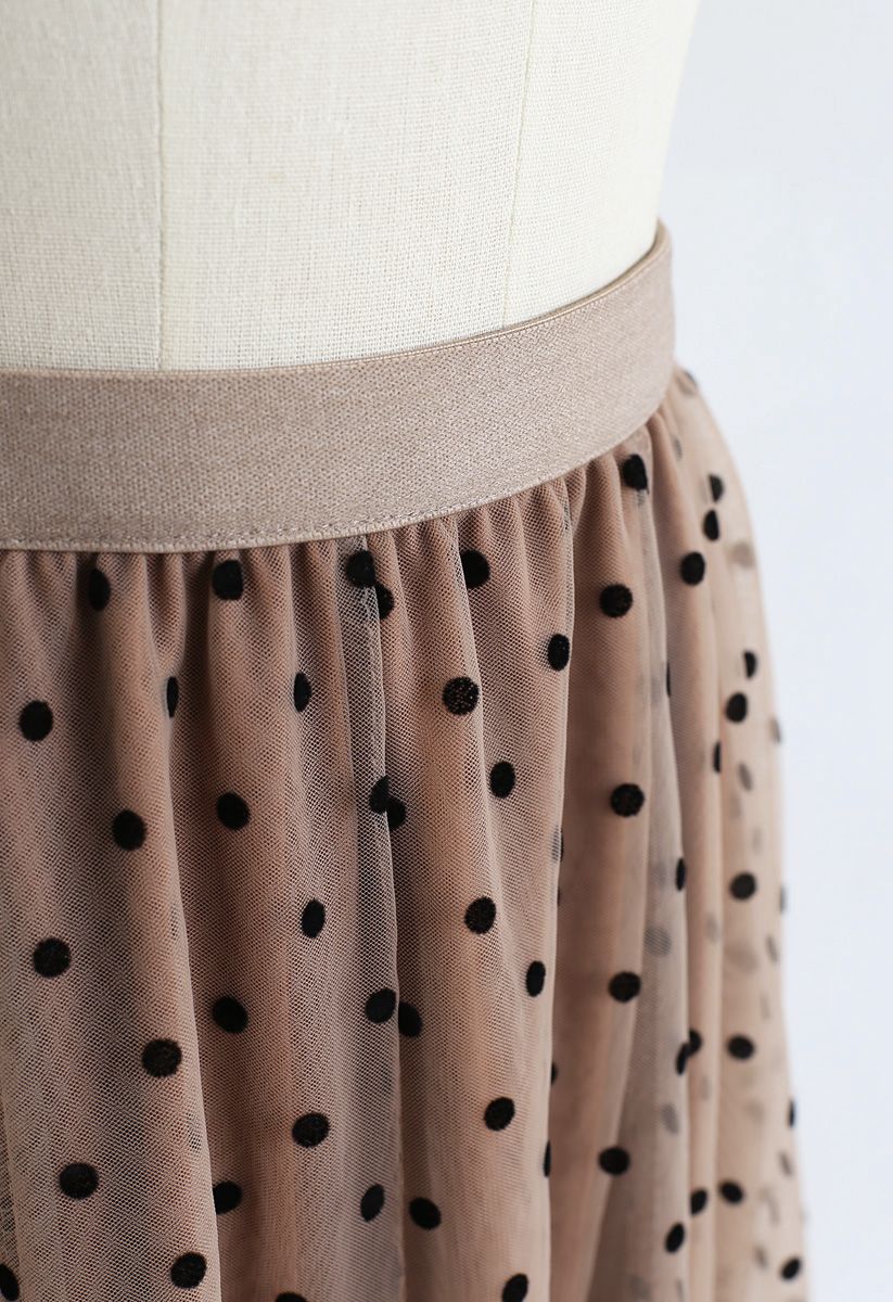 Full Polka Dots Double-Layered Mesh Tulle Skirt in Caramel