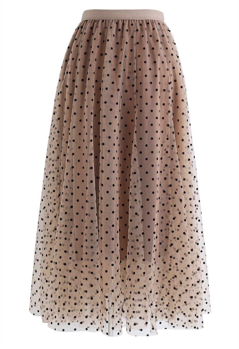 Full Polka Dots Double-Layered Mesh Tulle Skirt in Caramel