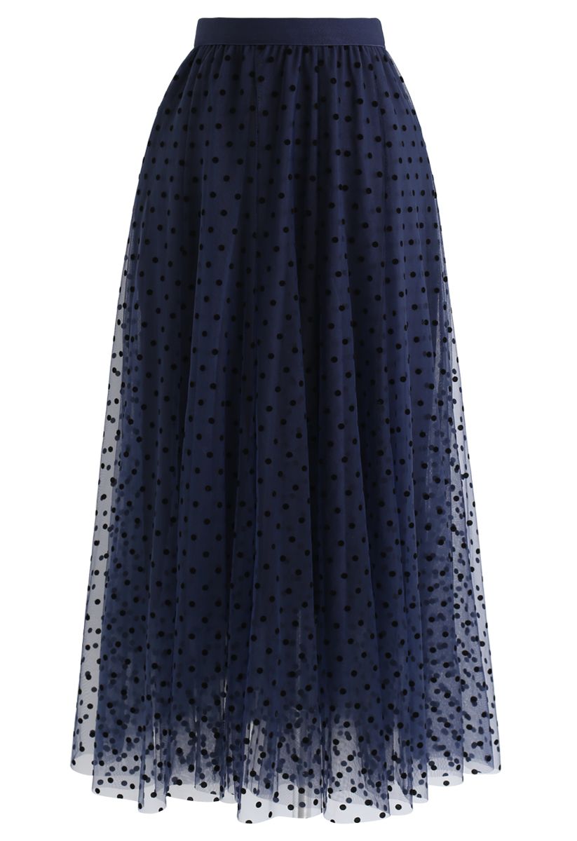 Full Polka Dots Double-Layered Mesh Tulle Skirt in Navy