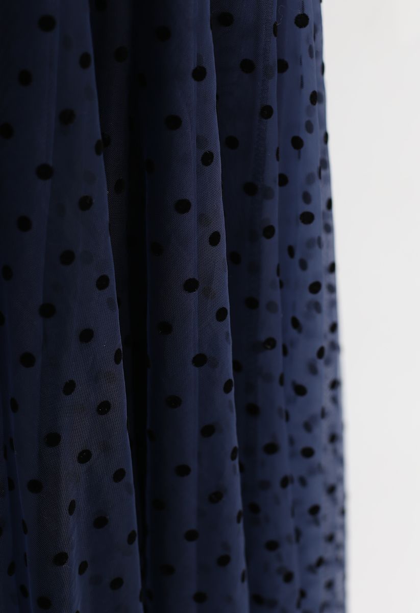 Full Polka Dots Double-Layered Mesh Tulle Skirt in Navy