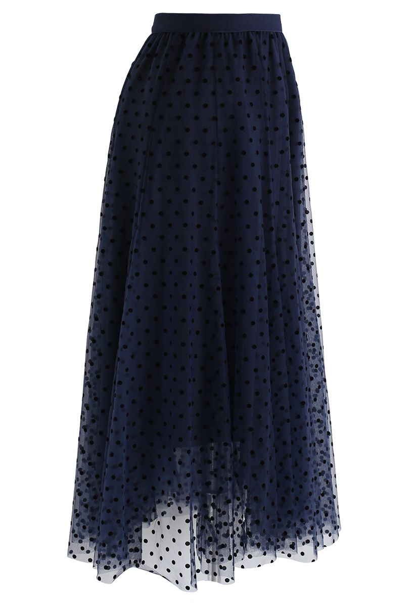 Full Polka Dots Double-Layered Mesh Tulle Skirt in Navy