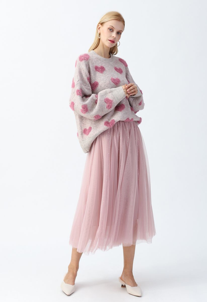 Contrast Color Fuzzy Hearts Knit Sweater