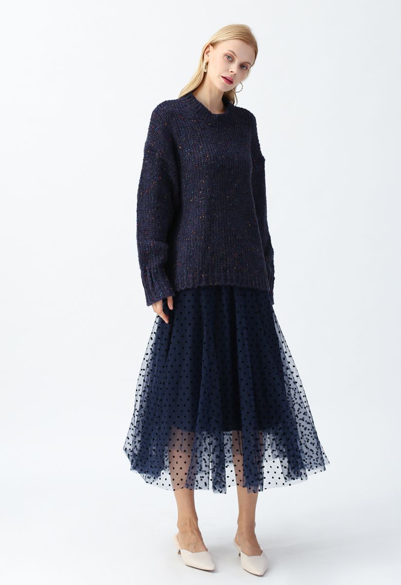 Full Polka Dots Double-Layered Mesh Tulle Skirt in Navy