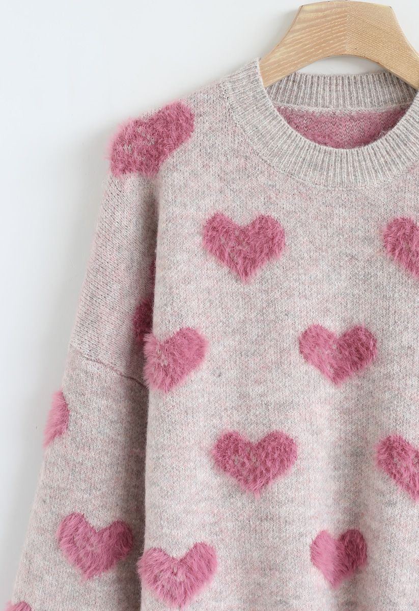 Contrast Color Fuzzy Hearts Knit Sweater