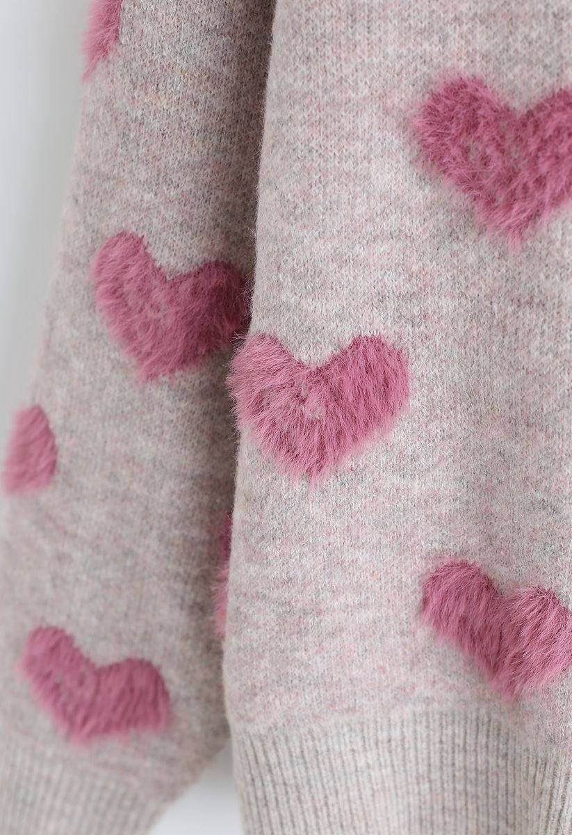 Contrast Color Fuzzy Hearts Knit Sweater