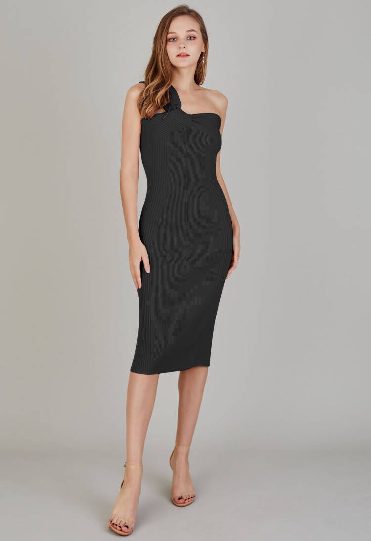 One-Shoulder Knotted Bodycon Knit Dress in Black