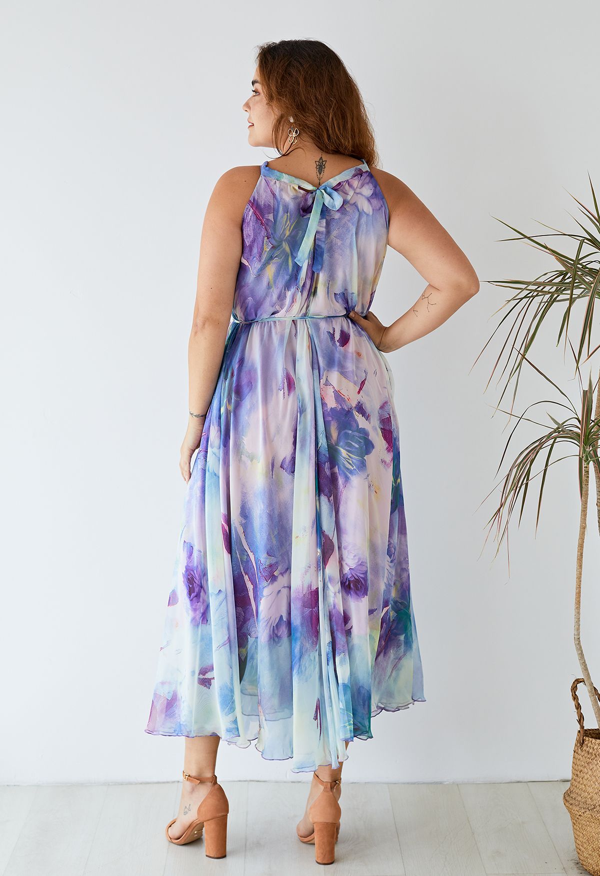 VESTIDO MAXI COMBINADO CON FLORES ACUARELA EN VIOLETA