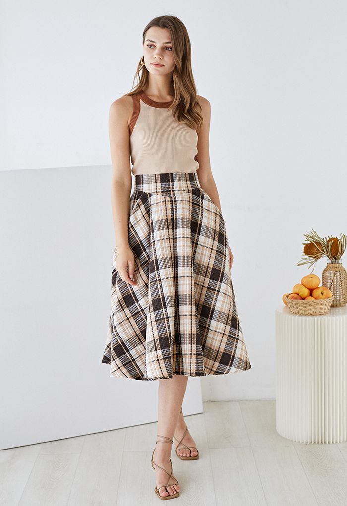 Plaid Tweed High-Waist A-Line Midi Skirt