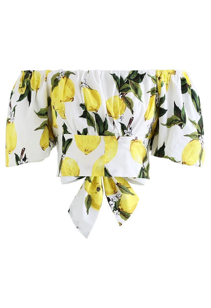 Off-Shoulder Bowknot Crop Top and Flare Skirt Set in Lemon Print