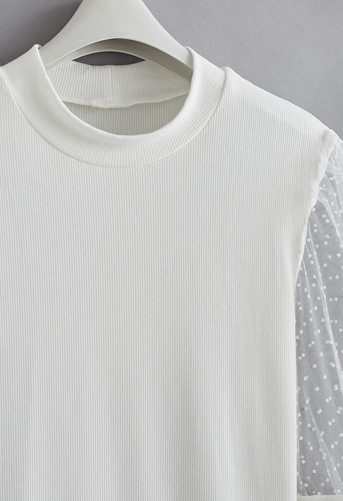 Flock Dots Elbow Sleeves Ribbed Top in White