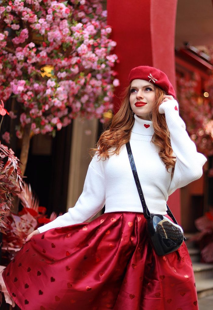 Embroidered Red Heart Turtleneck Crop Sweater in White