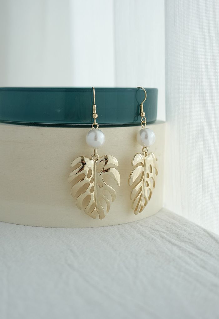 Tropical Leaf and Pearl Drop Earrings