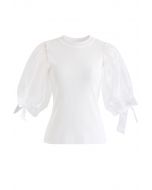 Organza Bubble Sleeves Knit Top in White