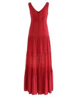 Crochet Trims Panelled Button Down Sleeveless Maxi Dress in Red