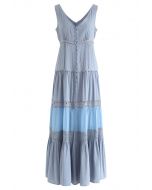 Crochet Trims Panelled Button Down Sleeveless Maxi Dress in Dusty Blue